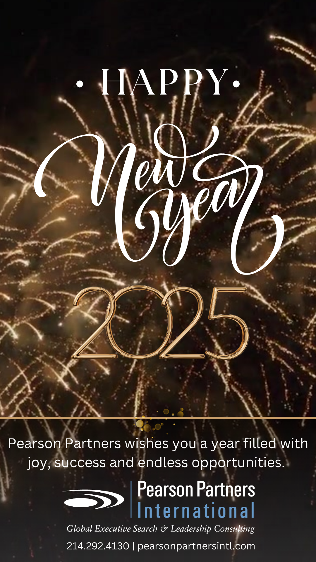 Pearson Partners Wishes You a Happy New Year 2025! Featuring animated gold fireworks on a dark background.