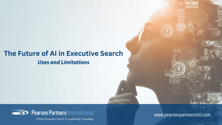 AI in Executive Search - with a photo of an executive search consultant looking into the future with graphics of gears and computers. (c) Pearson Partners International